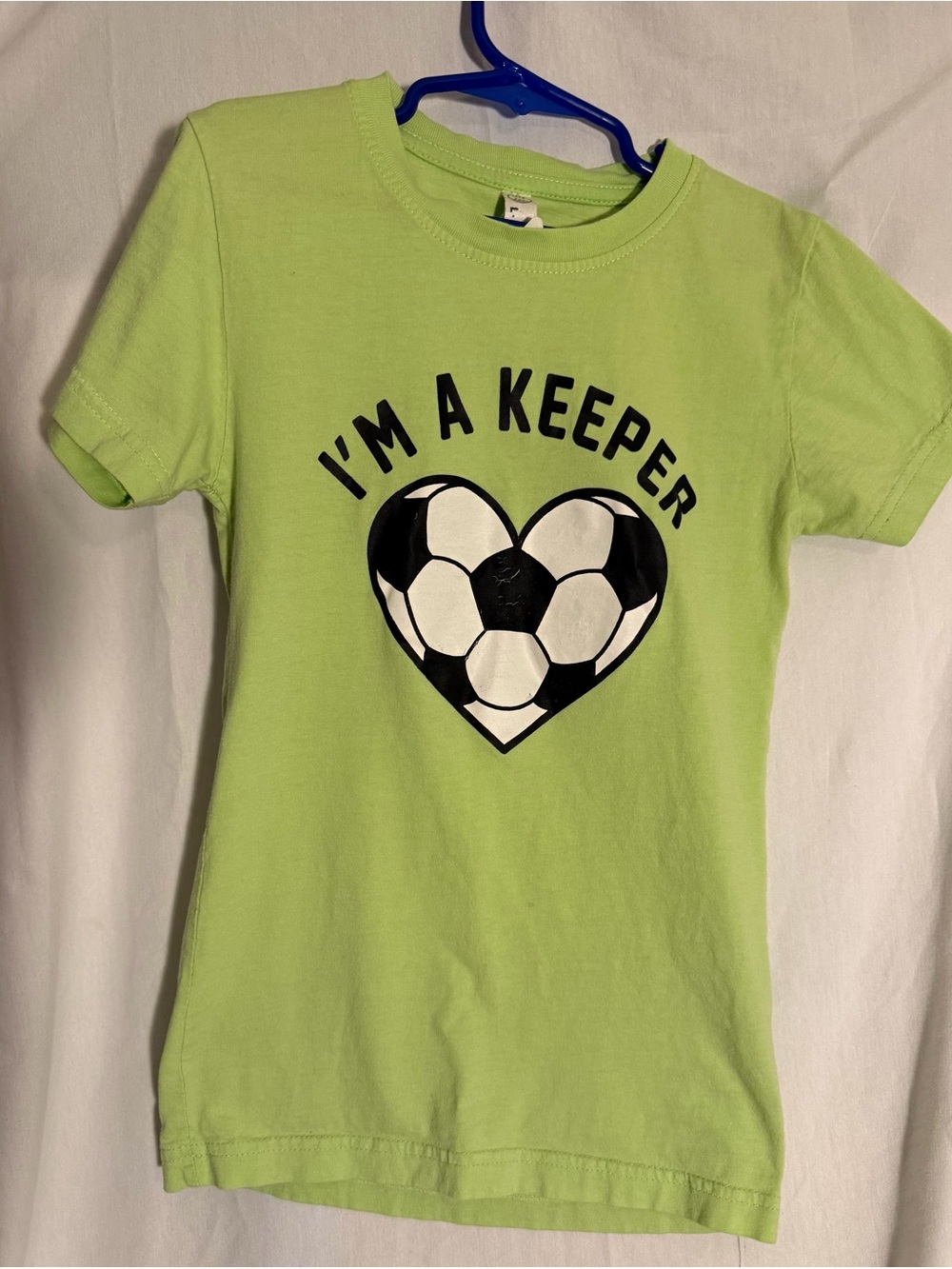 #397 Kids Lime Green "I'm a Keeper" Soccer Heart T-Shirt
